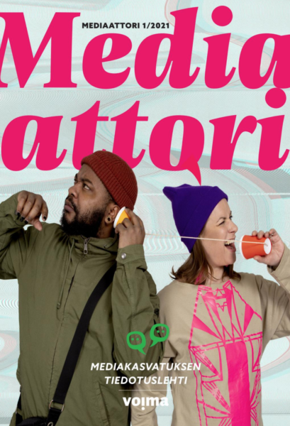 Mediaattorin kansi: Seksikäs-Suklaa ja Rauhatäti seisovat selät vastakkain, puhuvat kipoista ja narusta tehtyyn "puhelimeen".