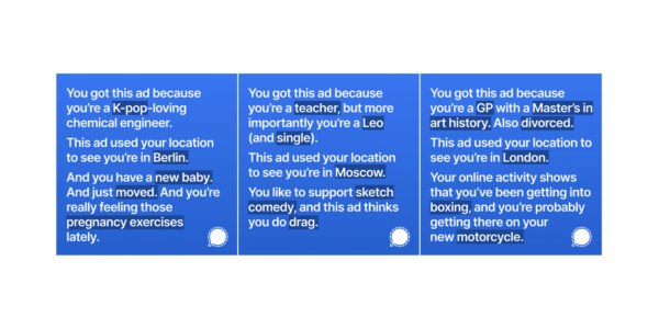 Screenshotissa Signalin mainoksia, joissa lukee mm. "You got this ad because you're a GP with a Master's in art history".