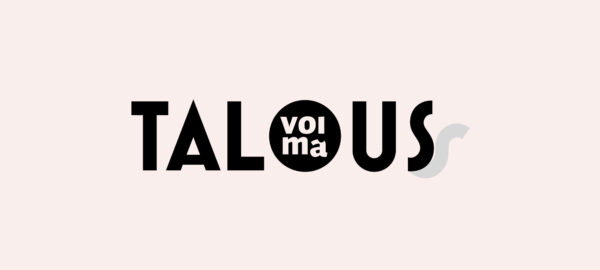 Voima-talous-logo: Talous-tekstin O-kirjaimen sisällä teksti "Voima".