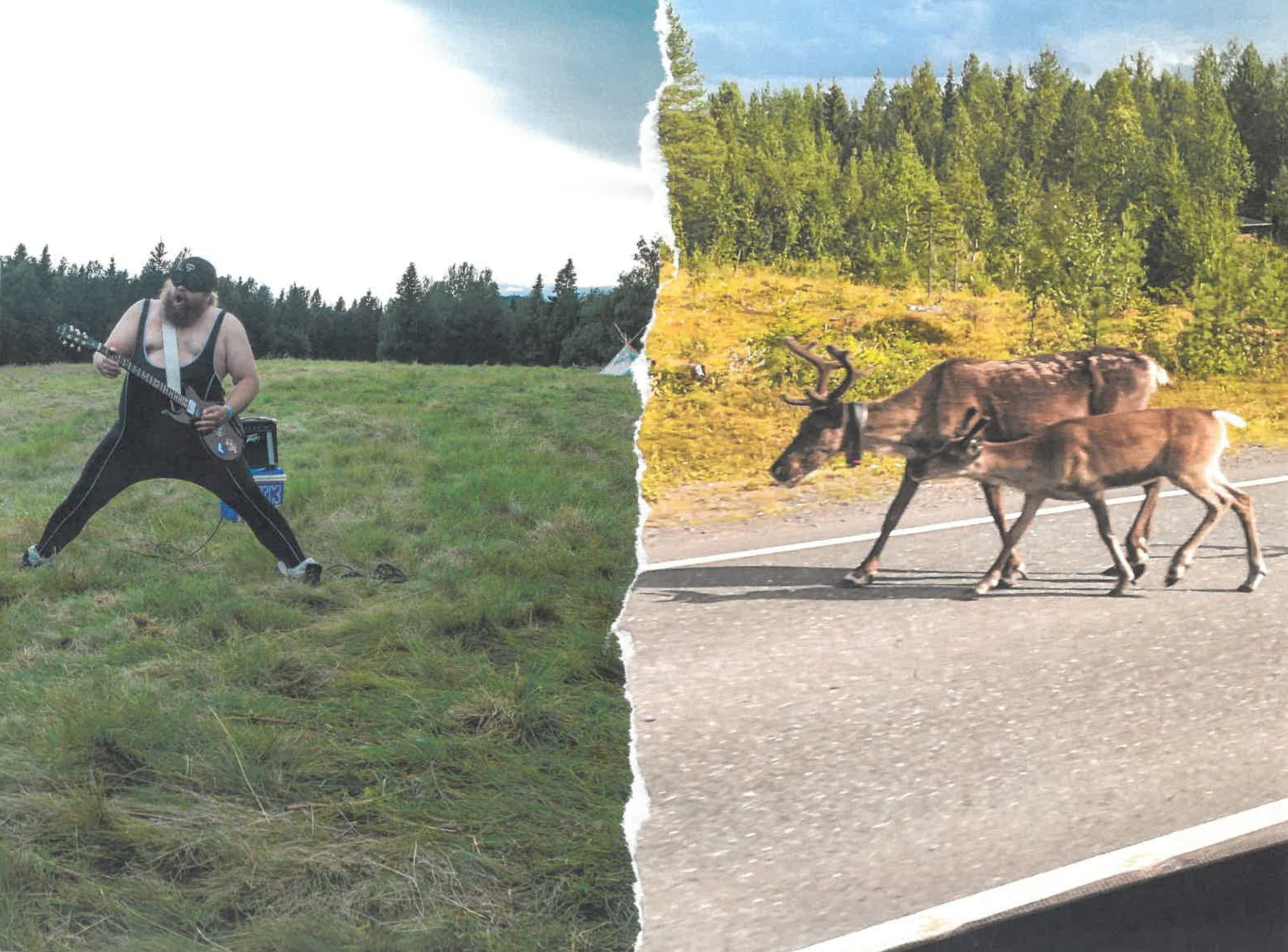 Kaksiosainen kuva. Yksinäinen henkilö soittaa kitaraa ja laulaa keskellä peltoa. Toisessa kuvassa poroja tien varressa.